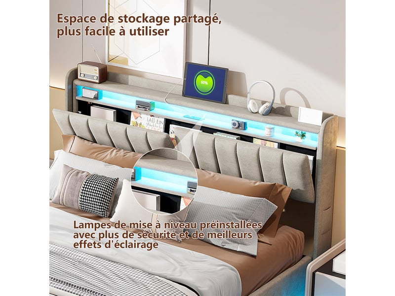  Lit coffre 140x190 cm avec éclairage led et port usb, lit adulte  avec tête de lit avec rangement, lits 2 personnes, velours, gris  - Conforama R