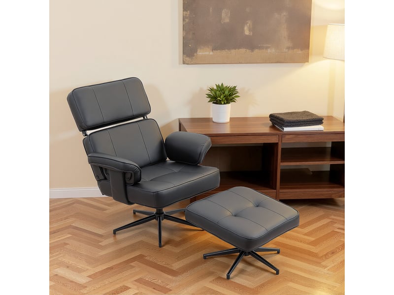  Fauteuil inclinable réglable avec repose-pieds, revêtement en similicuir, appui-tête réglable en hauteur, base en métal, noir  - Conforama D