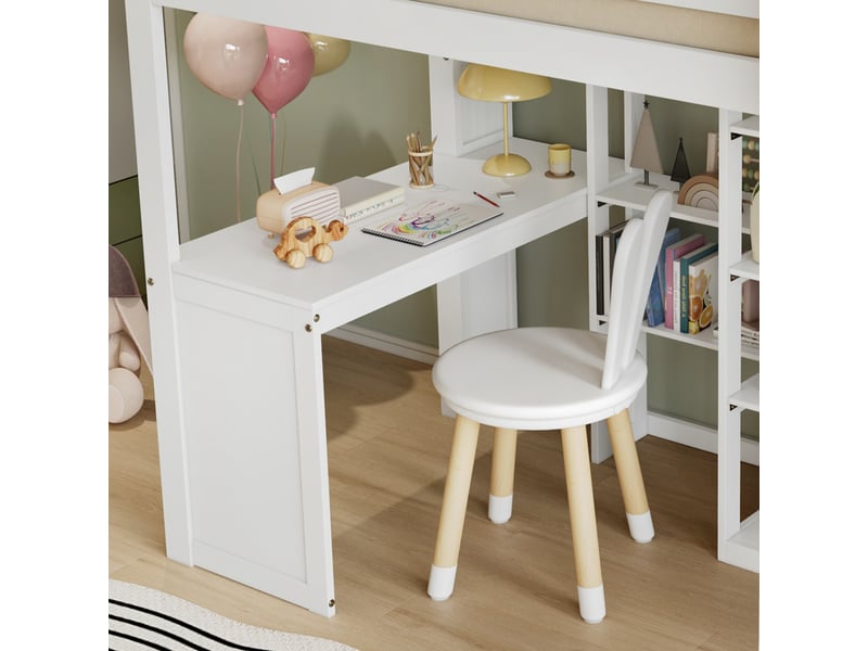  Lit mezzanine, lit simple avec bureau, armoire, étagères et barrières, 200x90 cm, sans matelas, blanc  - Conforama E