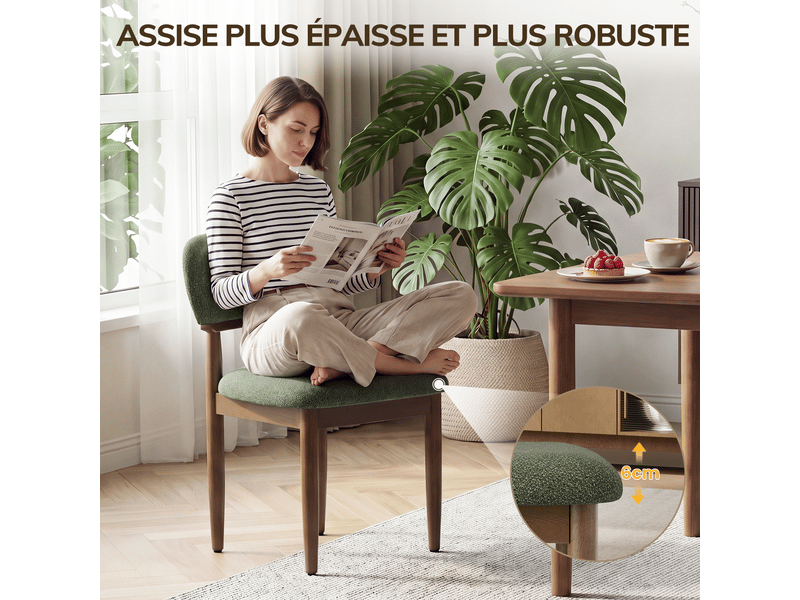  Lot de 4 chaises de salle à manger rembourrées, dossier ergonomique, tissu texturé respirant, structure en bois massif, style moderne, vert  - Conforama E