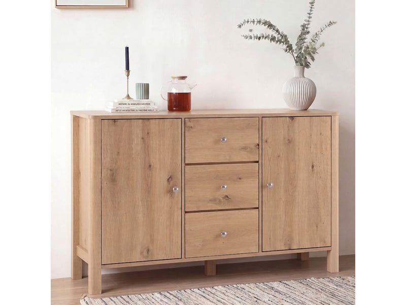Commode 3 tiroirs et 2 portes, enfilade salon 120 cm, buffet moderne couleur chêne - Conforama D