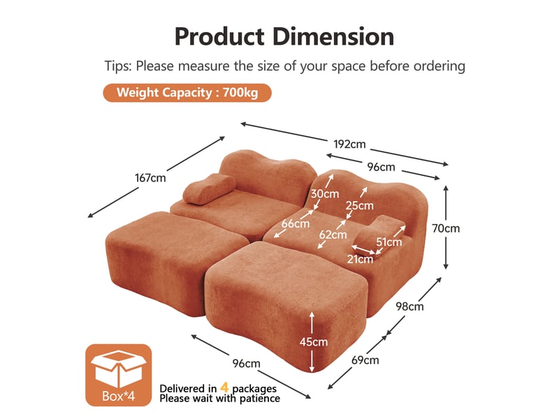  Canapé modulaire 2 places avec ottomans, assise profonde et dossier ergonomique en velours orange  - Conforama E