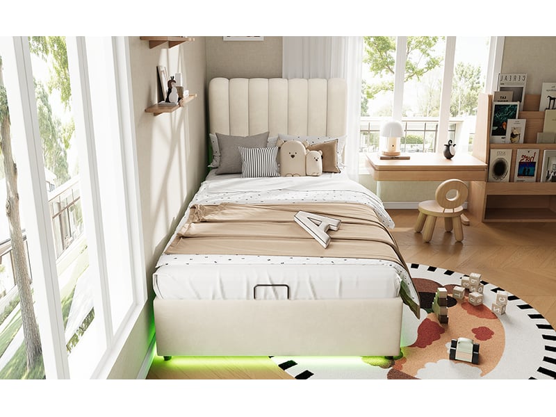 Lit adolescent avec rangement beige, coffre à gaz et 3 tiroirs - Conforama W