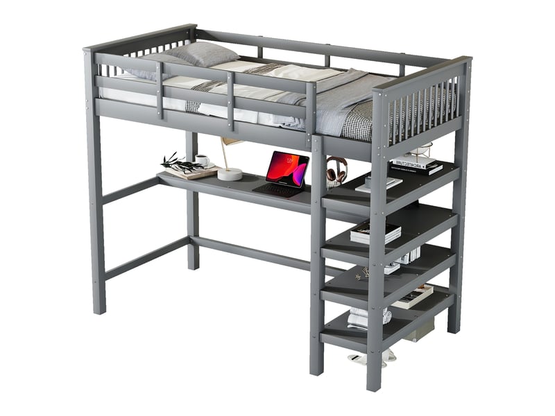Lit mezzanine enfant avec bureau et étagères, lit mezzanine 90x200 gris en bois massif, lit mezzanine sans matelas, 207x99x169.5cm. - Conforama A