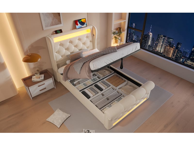  Lit coffre 90x200 cm avec rangement et ports usb type-c - led intégrée - velours beige - matelas inclus  - Conforama D