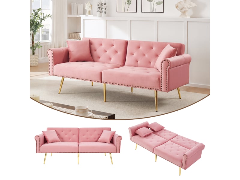 Canapé convertible 2 places en velours rose, dossier réglable sur 3 positions, couchage 147 x 85 cm, pieds métal doré - Conforama B