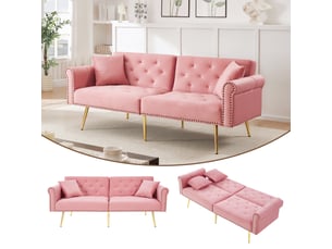 Canapé convertible 2 places en velours rose, dossier réglable sur 3 positions, couchage 147 x 85 cm, pieds métal doré