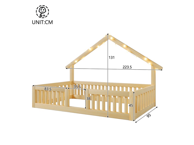  Lit cabane enfant 90 x 200 cm en mdf et pin, barrières de sécurité, led  - Conforama C