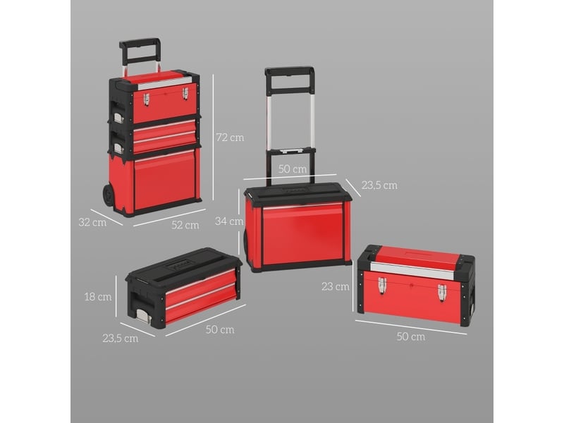  Chariot porte-outils 3 modules empilables, 52 x 32 x 72 cm rouge, acier et plastique renforcé, rangement mobile  - Conforama C