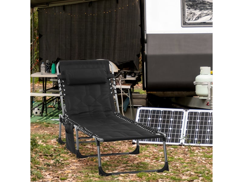  Chaise longue de jardin pliable noire, appui-tête et poche latérale, dossier 5 positions, résistante aux intempéries, charge max 130 kg  - Conforama C