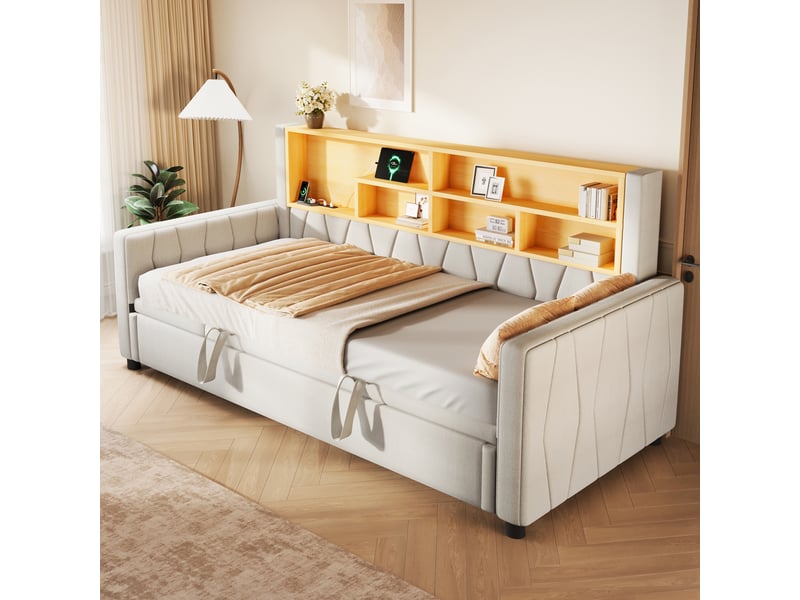 Lit banquette extensible 90 x 200 à 180 x 200 cm avec led multicolore et ports usbtype-c, sans matelas, lin et mdf - beige OMNIGLINT TRADING LTD - Conforama B