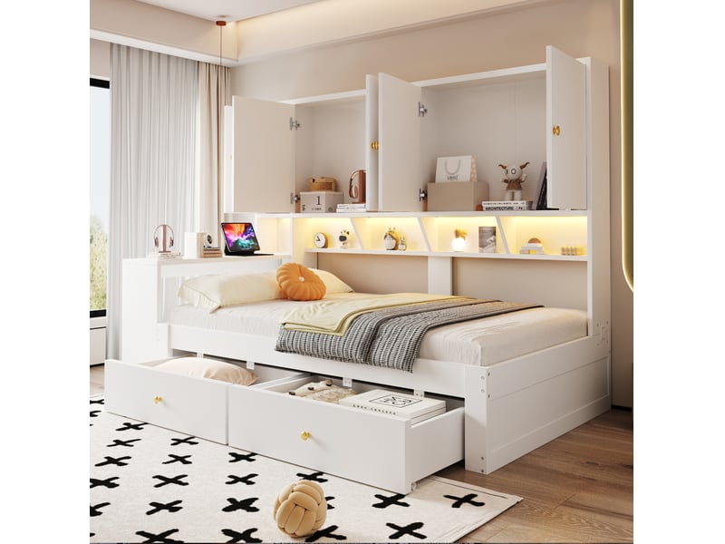 Lit simple 90 × 200 cm avec bureau, rangements, 2 tiroirs, led et prises électriques en mdf pour chambre, blanc - Conforama B