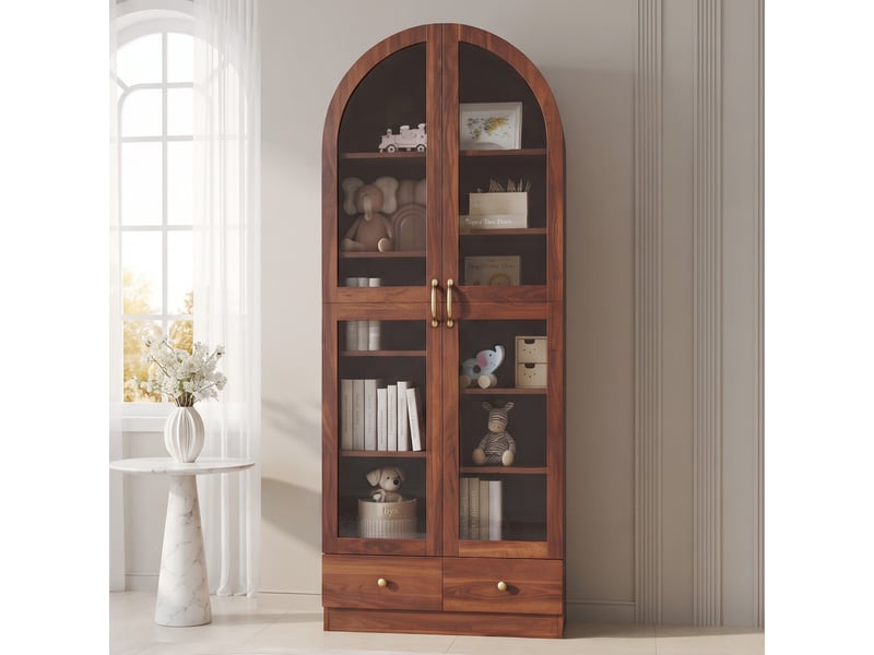Vitrine avec portes vitrées, étagères à niveaux et 2 tiroirs, finition noyer, pour salon et bureau, 76 × 40 × 180 cm - Conforama C