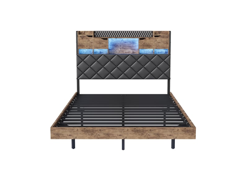  Lit 160x200 cm - lit double 160x200 - cadre suspendu avec led, tête de lit rangement, prises usb - marron &amp; noir  - Conforama A