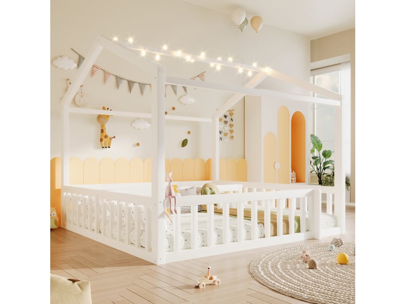 Lit avec barrière simple, coffre, led réglable et étagères 90×190 cm et 180×190 cm, sans matelas, en pin, blanc  - Conforama D