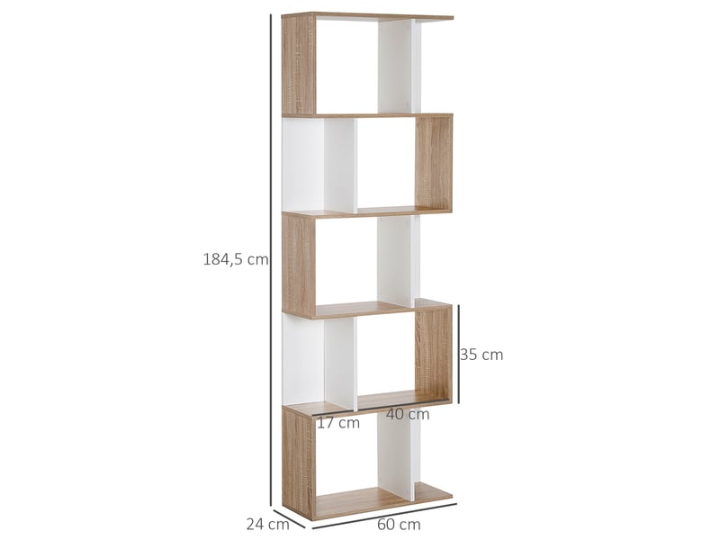 Bibliothèque haute en forme de s à 5 étagères, design moderne pour salon ou bureau, 60 x 24 x 184,5 cm, blanc et bois  - Conforama E