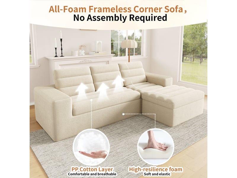  Canapé d’angle modulable l sans cadre 253 x 161 x 89 cm, canapé nuage convertible, combinaison libre, assise moelleuse, tissu velours côtelé - beige  - Conforama E