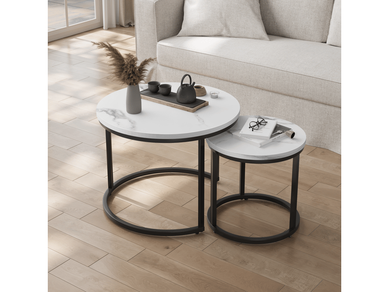  Tables basses gigognes rondes 60x45+40x40 cm, lot de 2, table de salon, grand gain de place, métal et aggloméré, blanc  - Conforama D