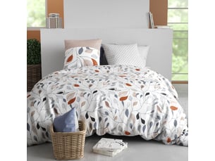Parure housse de couette 240x220cm + 2 taies blanc motif feuillage bleu et rouille 100% coton - tilda