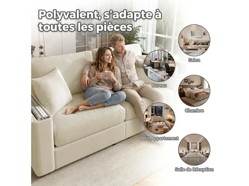  Canapé 2 places beige en tissu chenille 180 cm moderne avec rangement  - Conforama B
