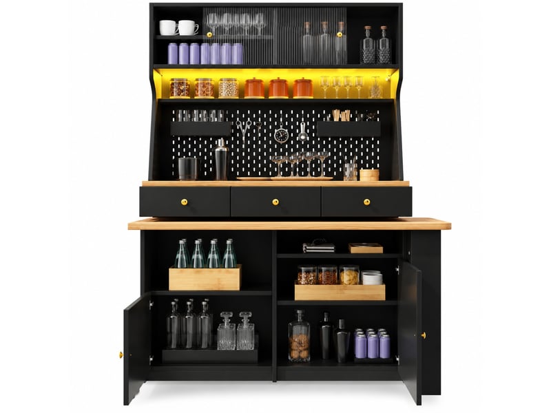  Armoire haute avec bureau led - lpospi - contrôle par application, mdf, verre noir 137 × 74 × 177,7 cm  - Conforama A