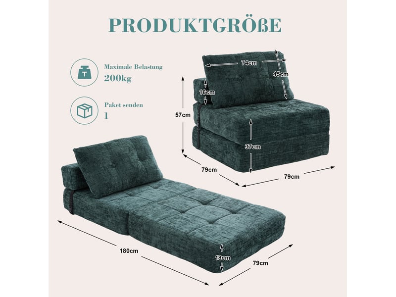  Canapé-lit pliant 79x79x57 cm, convertible avec coussins et dossier, revêtement chenille vert émeraude  - Conforama C