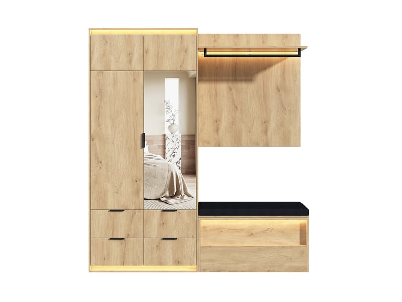 Ensemble vestiaire d'entrée 180x47x200 cm – chêne clair et anthracite – led, miroir et banc rembourré  - Conforama D