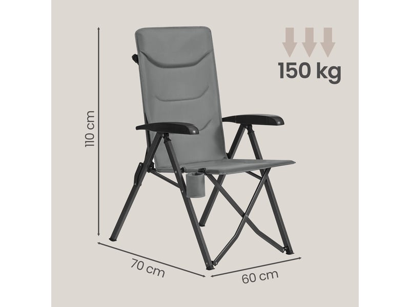 Chaise de camping, lot de 2, dossier réglable 95°-150°, porte-gobelet, sac de transport, pêche, jardin, gris  - Conforama D