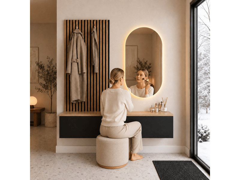  Vestiaire d'entrée avec miroir led, meuble suspendu 140 cm avec 2 tiroirs et crochets, noir et bois  - Conforama B