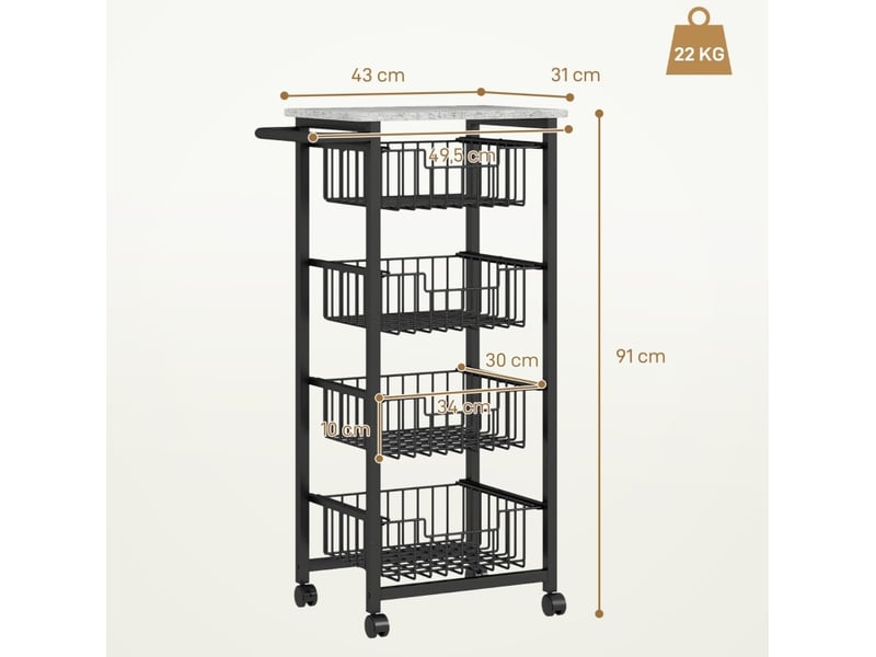  Desserte de cuisine avec 4 paniers coulissants, poignée et roulettes, pour cuisine et bar, 49,5 × 31 × 91 cm  - Conforama D