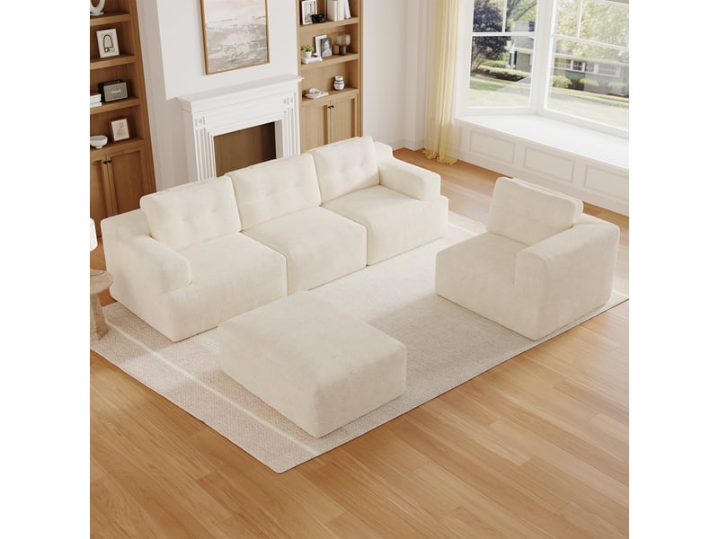  Canapé modulable panoramique 5 places en chenille, assise profonde, configuration l ou u, sans montage, 252 × 180 cm, beige  - Conforama B