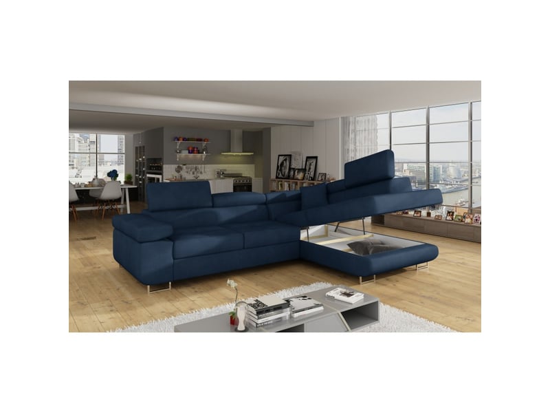  Canapé d'angle convertible menton bleu foncé bouclette – angle droit avec coffre  - Conforama D