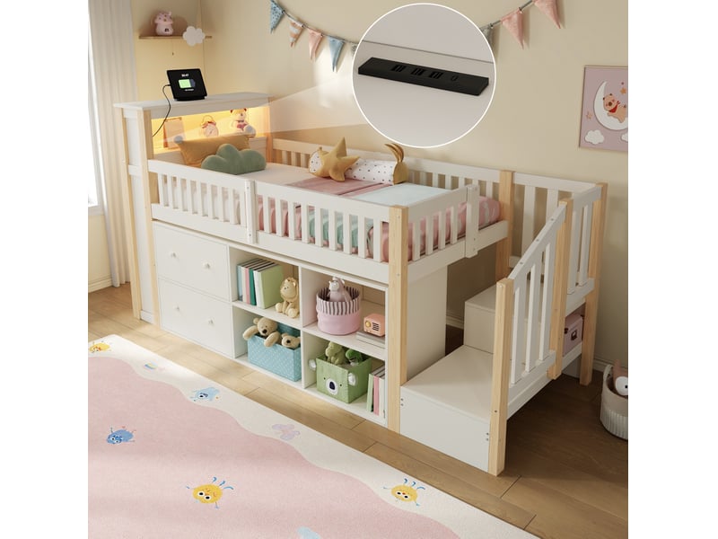  Lit semi-haut 90x200 cm avec bureau, rangements, led et ports usbusb-c, en bois et mdf blanc, sans matelas  - Conforama B