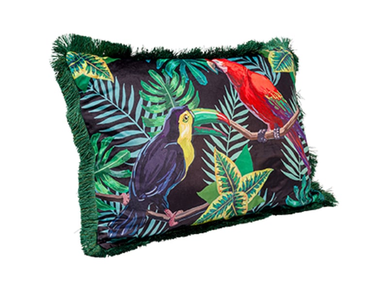  coussin à franges jungle oiseaux  - Conforama D