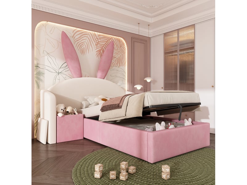  Lit enfant 90x200 cm rangement hydraulique table de chevet en velours beige et rose  - Conforama B