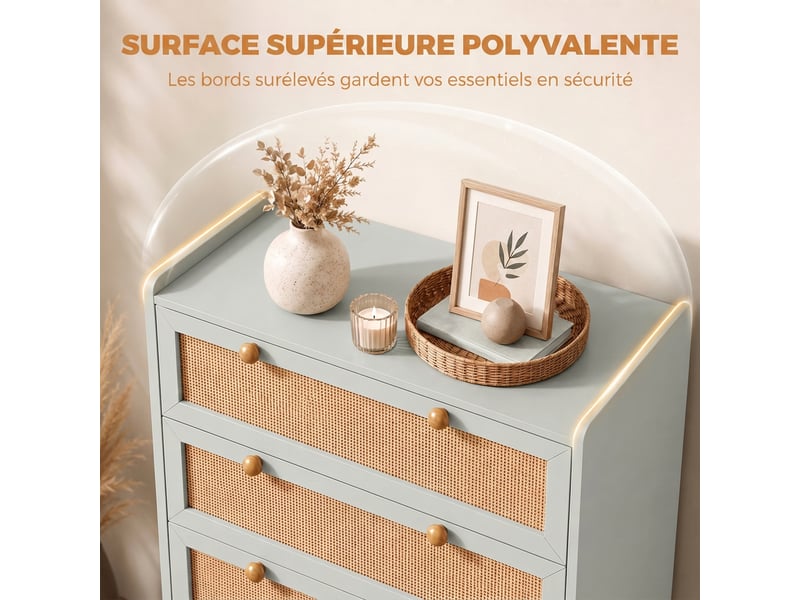  Commode 4 tiroirs en bois et rotin pvc, style bohème, pour chambre à coucher, entrée, couloir, 80x40x109,2cm, vert sauge  - Conforama R