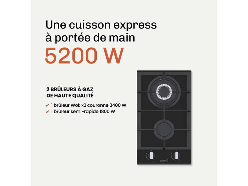 Beldeko plaque gaz 2 feux 5200w verre noir grilles fonte - marque française - Conforama E