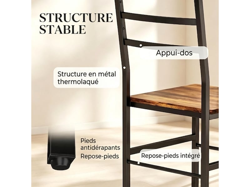  Ensemble table et 2 chaises gain de place 80x50 cm, marron rustique et noir  - Conforama E