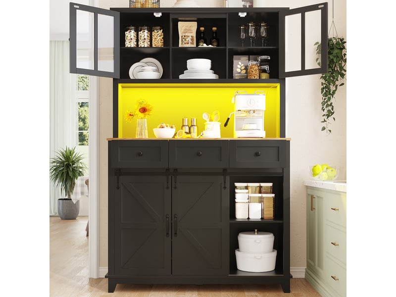  Armoire de cuisine avec led buffet haut noir vaisselier avec portes en verre 105x180cm  - Conforama B