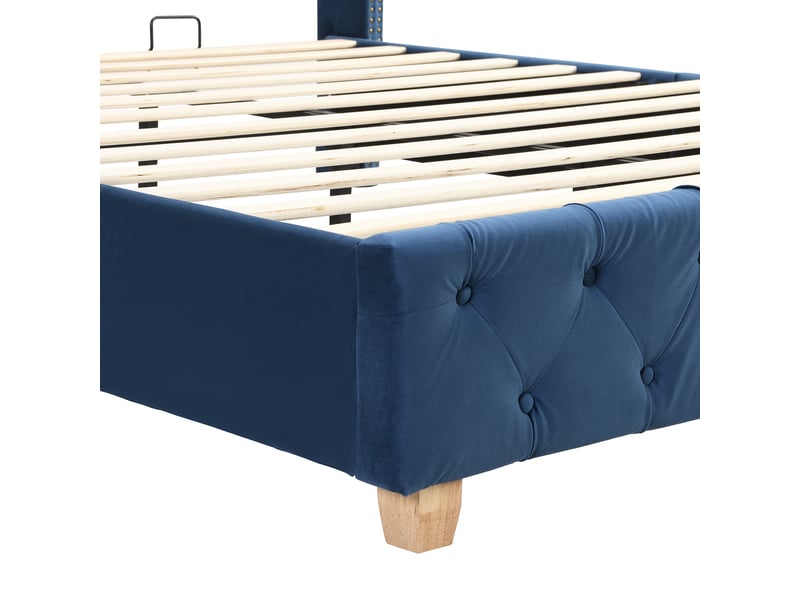 Lit adulte 160x200 cm, tête de lit, design capitonné à boutons, sommier, velours bleu, sans matelas - Conforama R