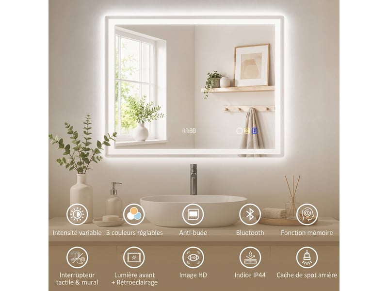  Miroir lumineux led salle de bain 90 x 70 cm bluetooth interrupteur tactile lumière réglable 3 couleurs fonction anti-buée et mémoire  - Conforama E