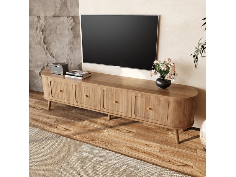  Meuble tv 180x38x47 cm, chêne, design vintage et moderne, pieds en bois, corps en aggloméré, coins arrondis, meuble de salon, 4 portes  - Conforama E