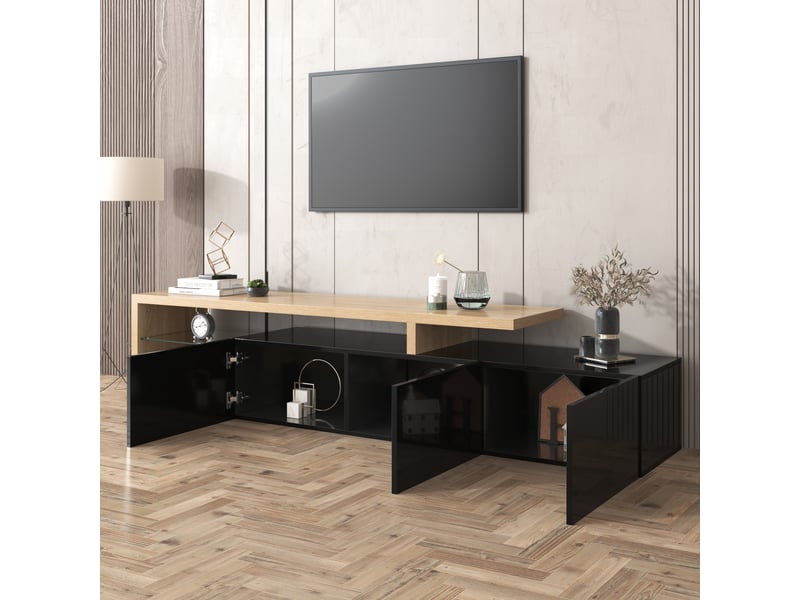 Meuble tv avec éclairage led, 3 portes et tablettes en verre, mdf e1, 197,5 x 39 x 42 cm, noir et bois - Conforama D