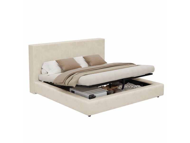  Lit coffre 180 × 200 cm en chenille beige avec sommier relevable Fay Lum - Conforama A