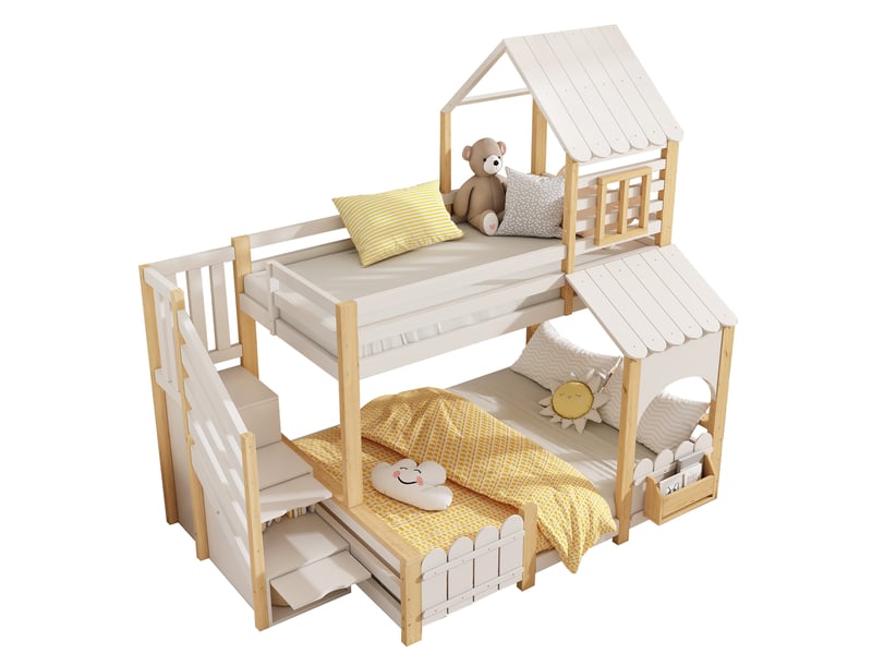  Lit cabane superposé enfant avec escalier de rangement, 90x200 et 140x200 cm, blanc et aspect bois naturel  - Conforama A