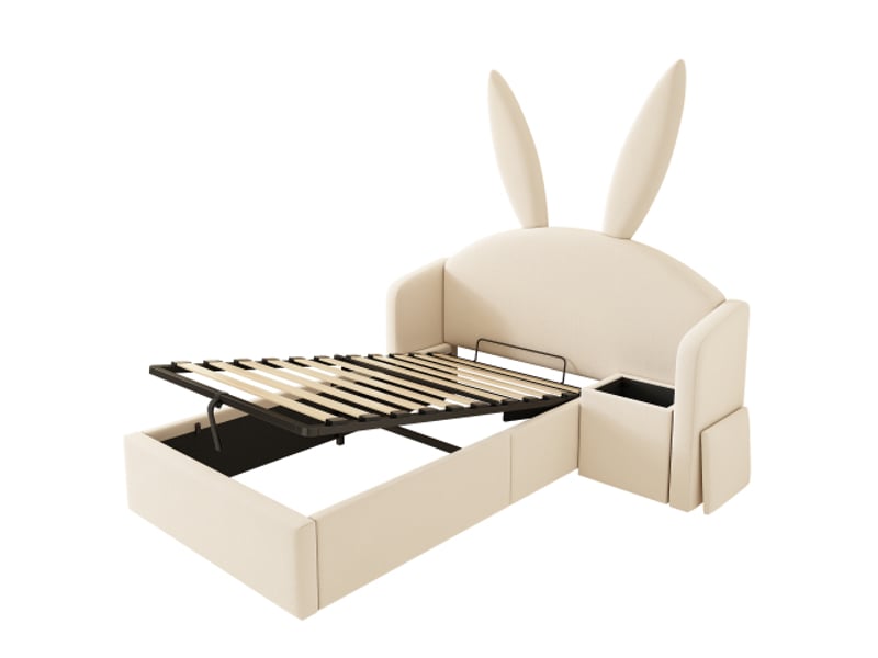 Lit capitonné 90x190 cm – tête de lit à oreilles de lapin – rangement hydraulique & table de chevet – velours beige - Conforama A