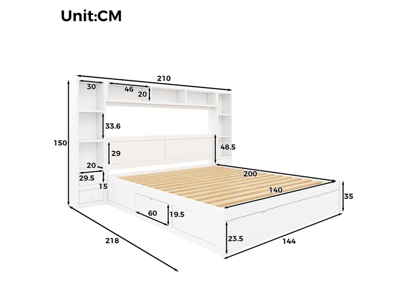  Cadre de lit plateforme modenvie 140 x 200 cm avec rangement, 7 tiroirs et éclairage led blanc  - Conforama C