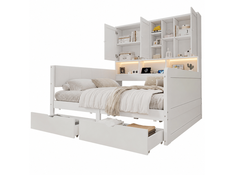  Lit banquette enfant multifonctiont 140x200 cm avec rangement, 2 tiroirs, étagères, armoires, led, usbusb-c, prise eu, tête de lit pu, bois blanc Radiant Stride - Conforama A