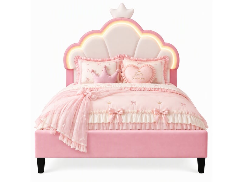  Lit pour enfant rembourré 140 x 200 cm,lit princesse avec tête de lit à couronne led, lit fille, réglage hauteur, velours rose  - Conforama A
