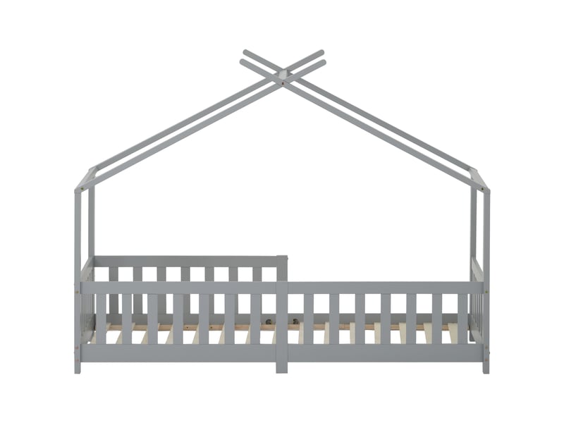  Magnifique lit cabane, lit enfant, en bois massif avec barrière et sommier à lattes, avec protection antichute pour chambres d'enfants et d'adolescents, gris (200x90cm)  - Conforama E